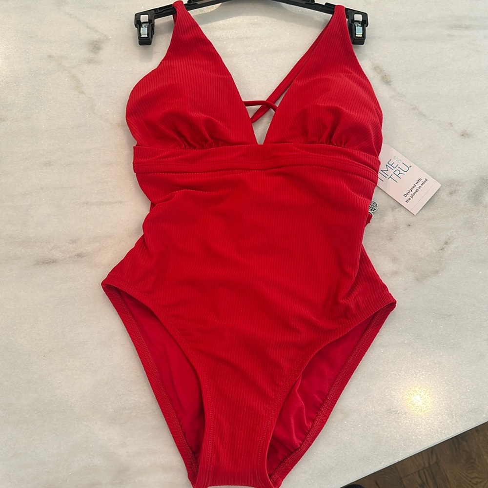 NWT Time and Tru Women's Plunge Tie Back One Piece Swimsuit Red Size Small (4-6)